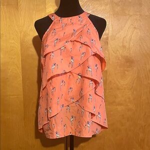 Attention Large Coral Ruffle Blouse with Bird Print